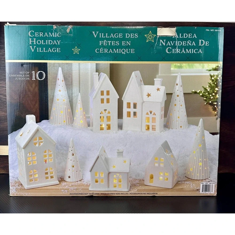 CERAMIC HOLIDAY VILLAGE 10 PCS 1601419 *NEW IN OPEN‎ BOX